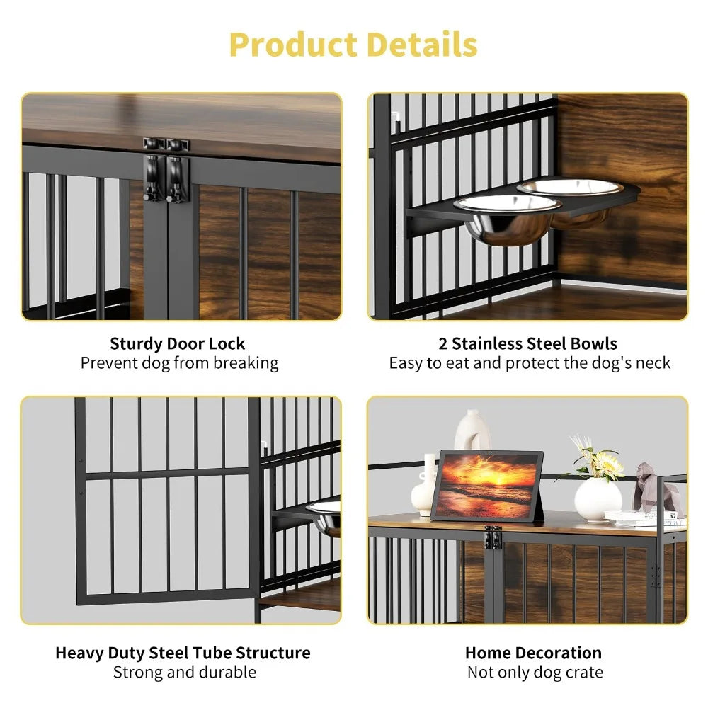 2024 New Dog Crate with Two 360° & Adjustable Stainless Steel Bowls, End Table Dog House, Dog Kennels Indoor Use