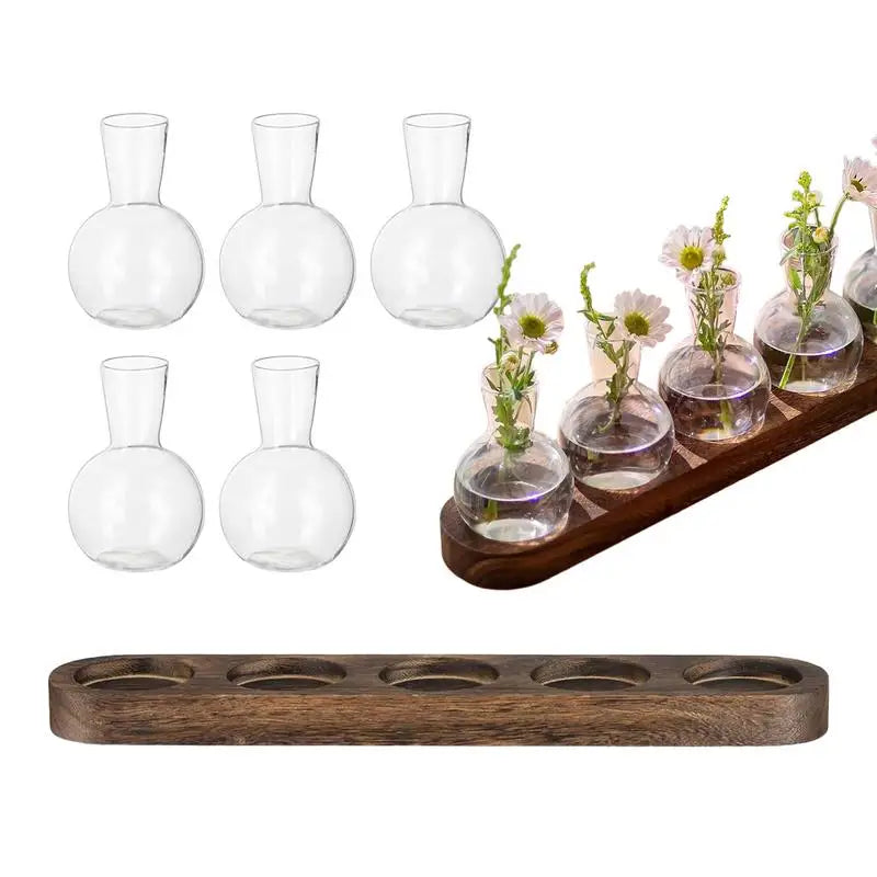 Glass Desktop Planter Bulb Vase Wooden Stand Hydroponic Plant Container Decor Living Room Office Plant Propagation Station