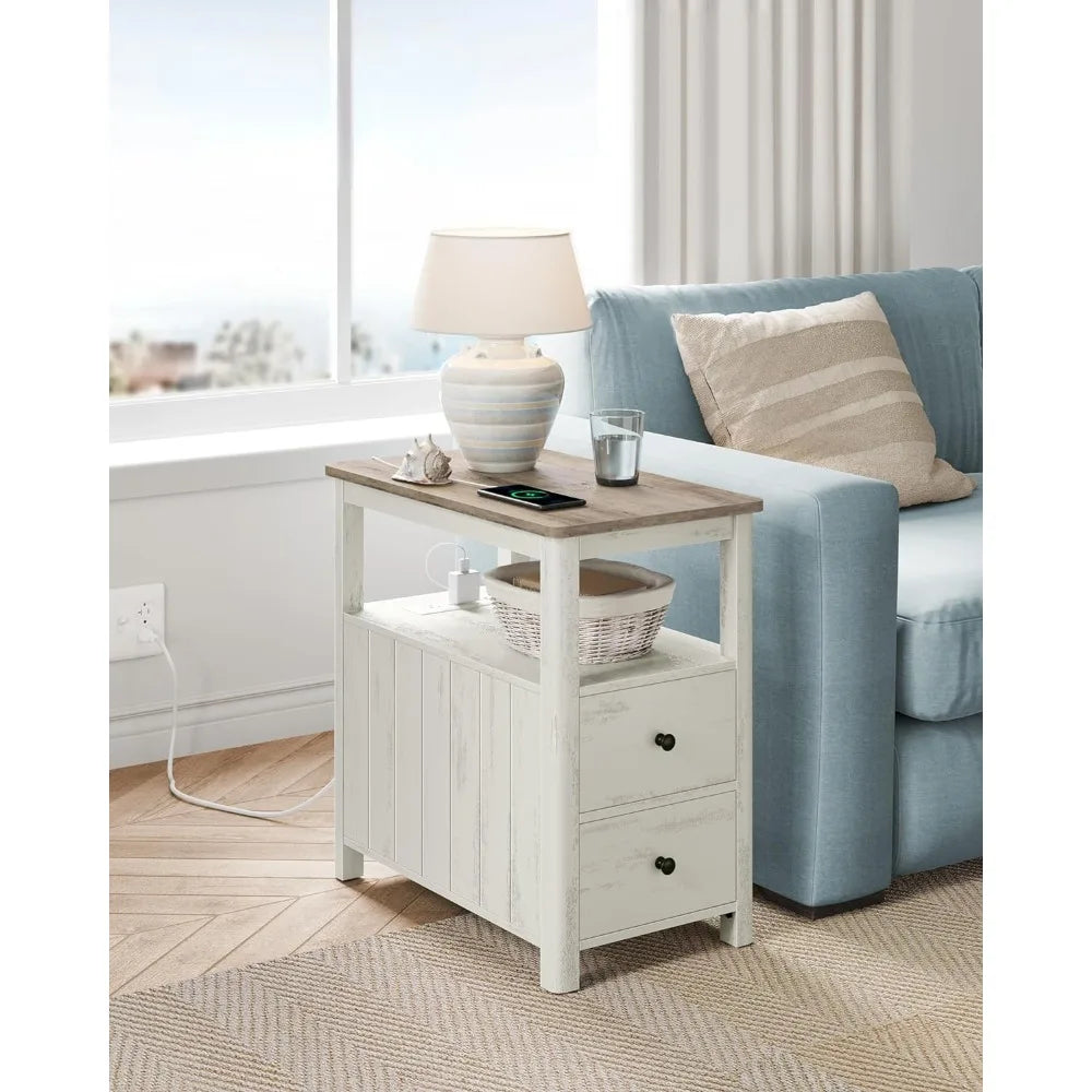 Side table, living room end table with charging station, 2 drawers, and storage room, household living room small coffee table