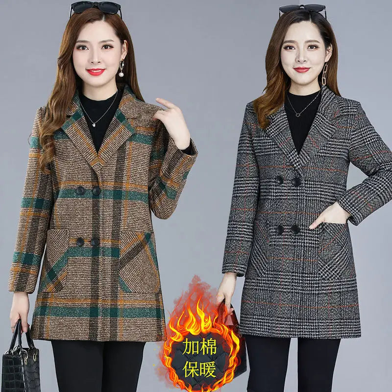 Mother's clothing Plaid Woolen Jacket 5xl Autumn Winter Female Thicken Slim Middle length Outwear Korea Women's Casual Wool Coat