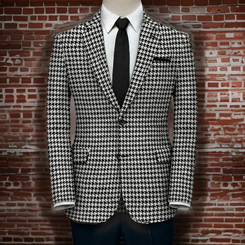 Plaid Blazer for Men 1 PCS Suit Jacket with Side Slit Slim Fit Houndstooth Checked Casual Coat 2024