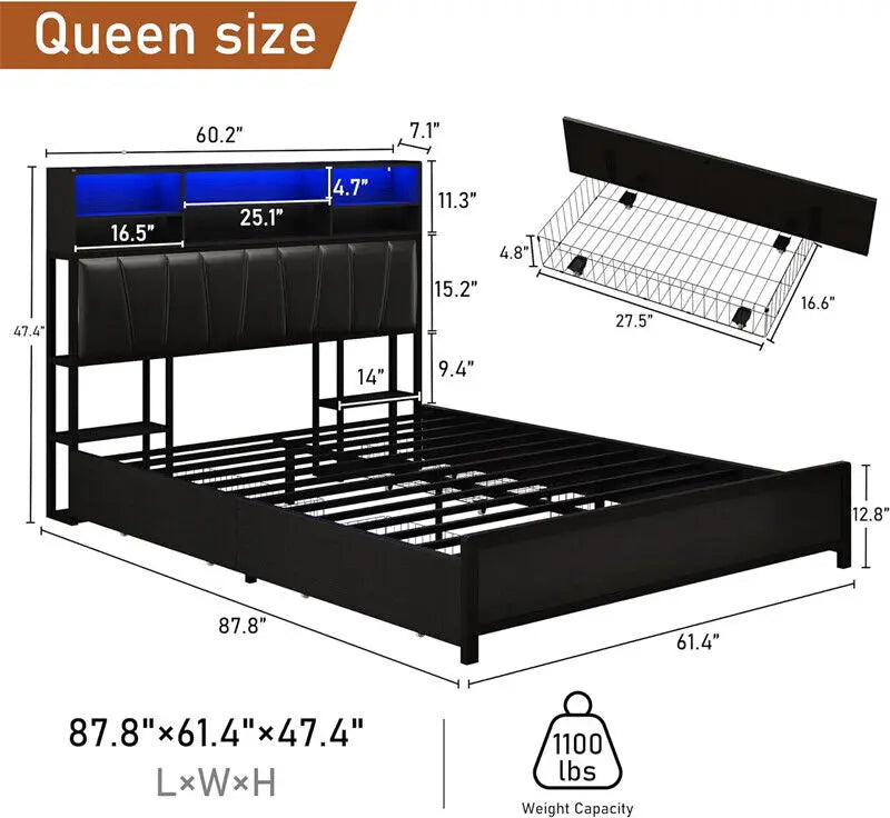 Queen/Full Size Bed Frame Platform Bed, adult and adolescent double beds with LED lights and drawers, single beds, modern beds