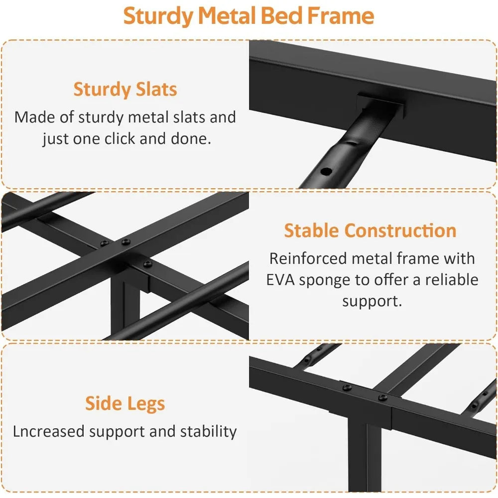 Full-size Bed Frame with Headboard, Metal Platform Bed Frame, No Springs, Wooden Upholstered Headboard and Under-bed Storage