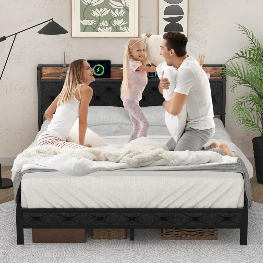 Full-size Bed Frame with Headboard, Metal Platform Bed Frame, No Springs, Wooden Upholstered Headboard and Under-bed Storage