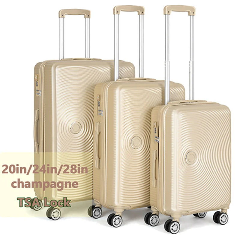 ABS Luggage Case Customs Lock Travel Suitcase 3pcs Set Champagne Color Cabin Pink Valise Cabine Bag