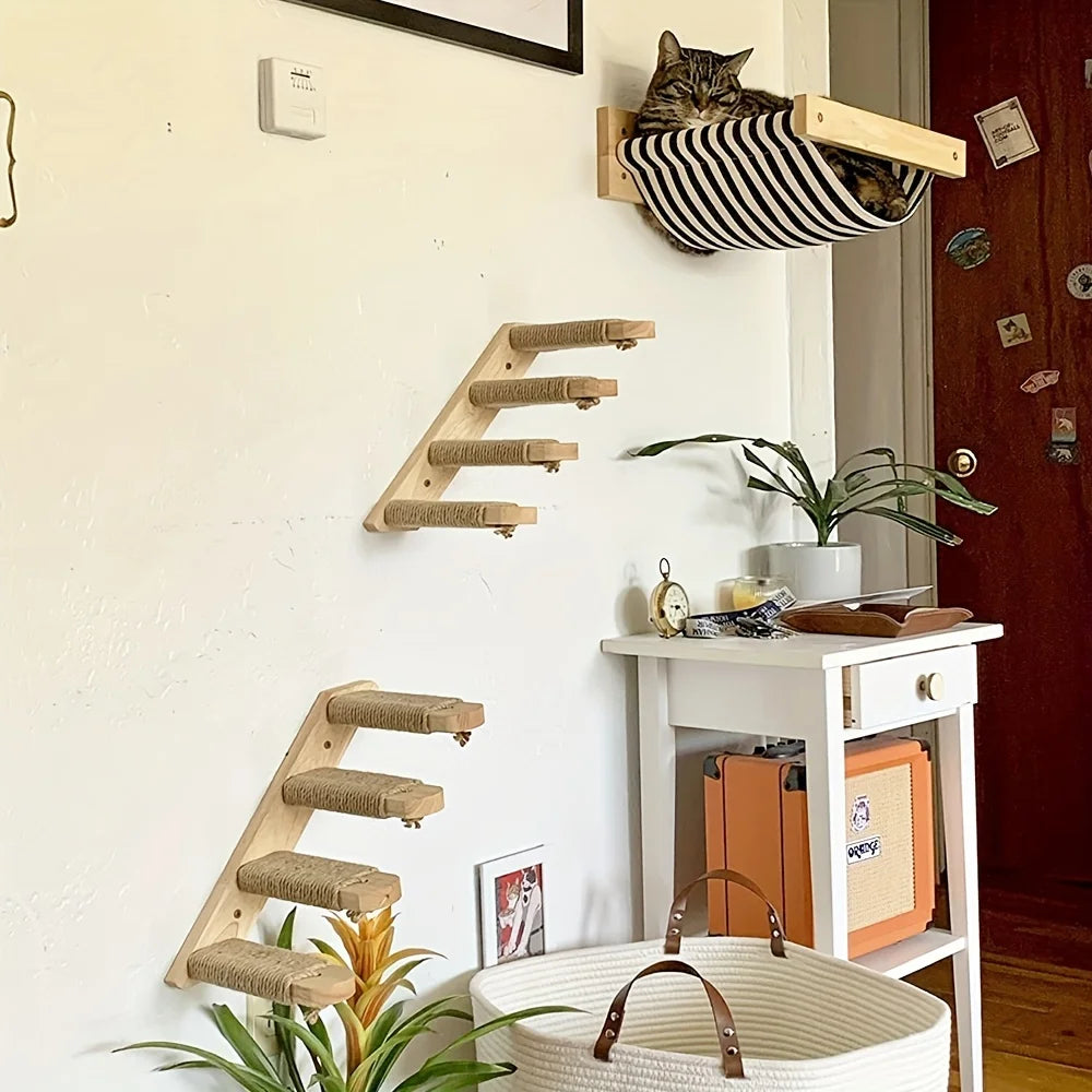 Wall Mounted Cat Climbing Shelves Cat Hammock with Ladder and Scratching Post Wooden Platform Pet Furniture for Kitten Playing