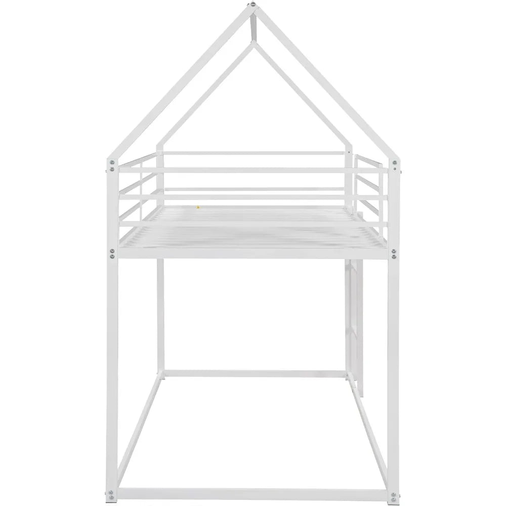 Twin Over Twin Junior Metal Floor Bunk Bed, Twin Size House Bunk Bed Frame with Ladder and Roof for Kids Boys Girls