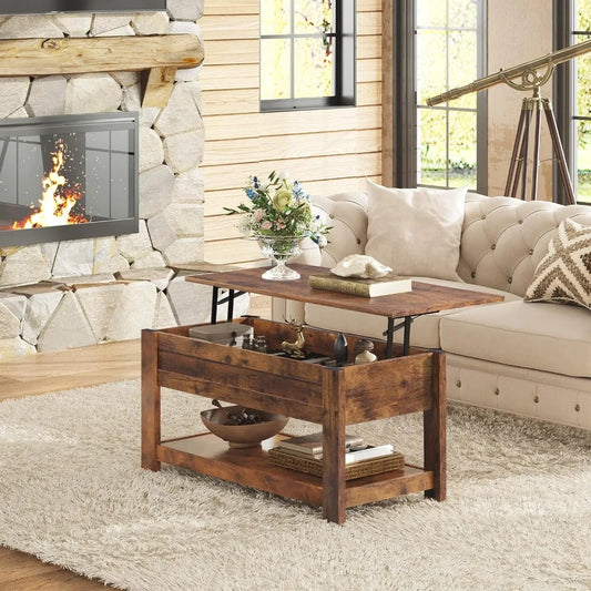 Modern Lift Top Coffee Table,Rustic Coffee Table Storage Shelf and Hidden Compartment,Wood Lift Tabletop for Home Living Room