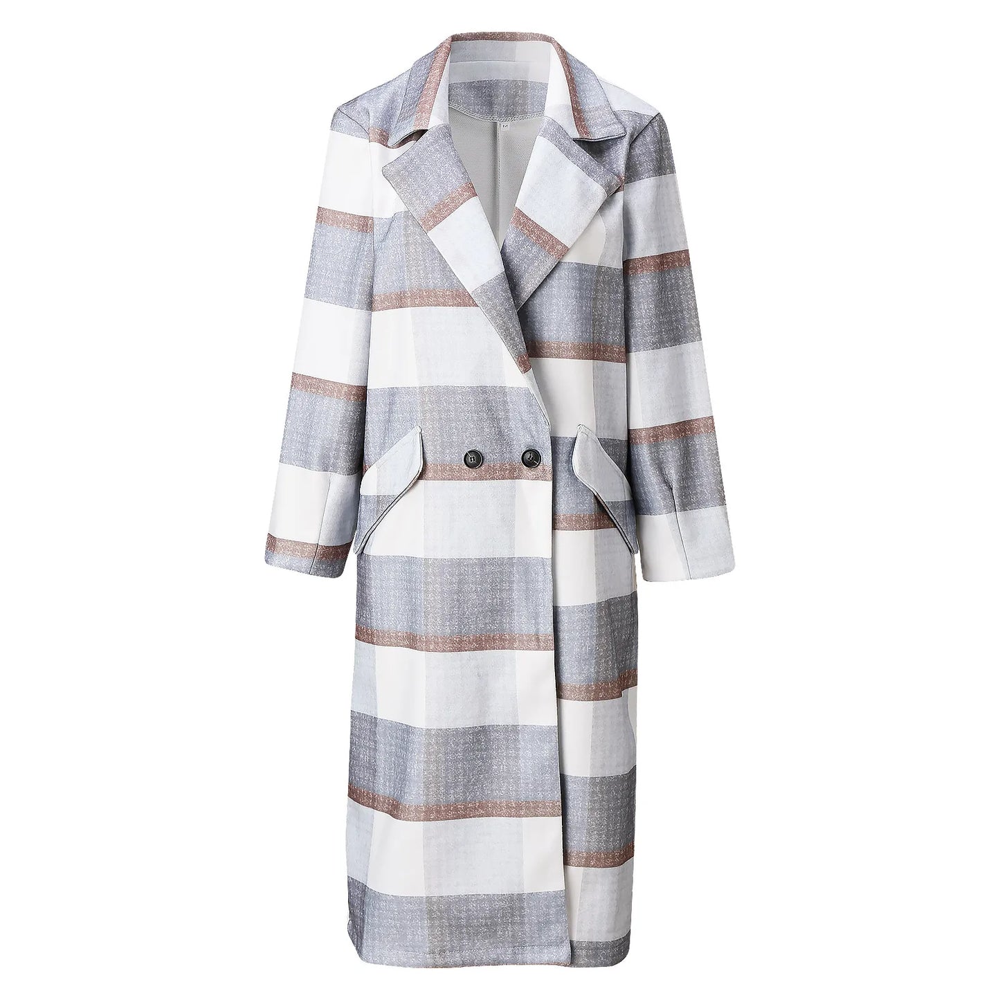 Autumn Winter New Lattice Woolen Coat Women'S Turndown Collar Overcoat With Pockets Temperament Oversized Jacket Ropa De Mujer