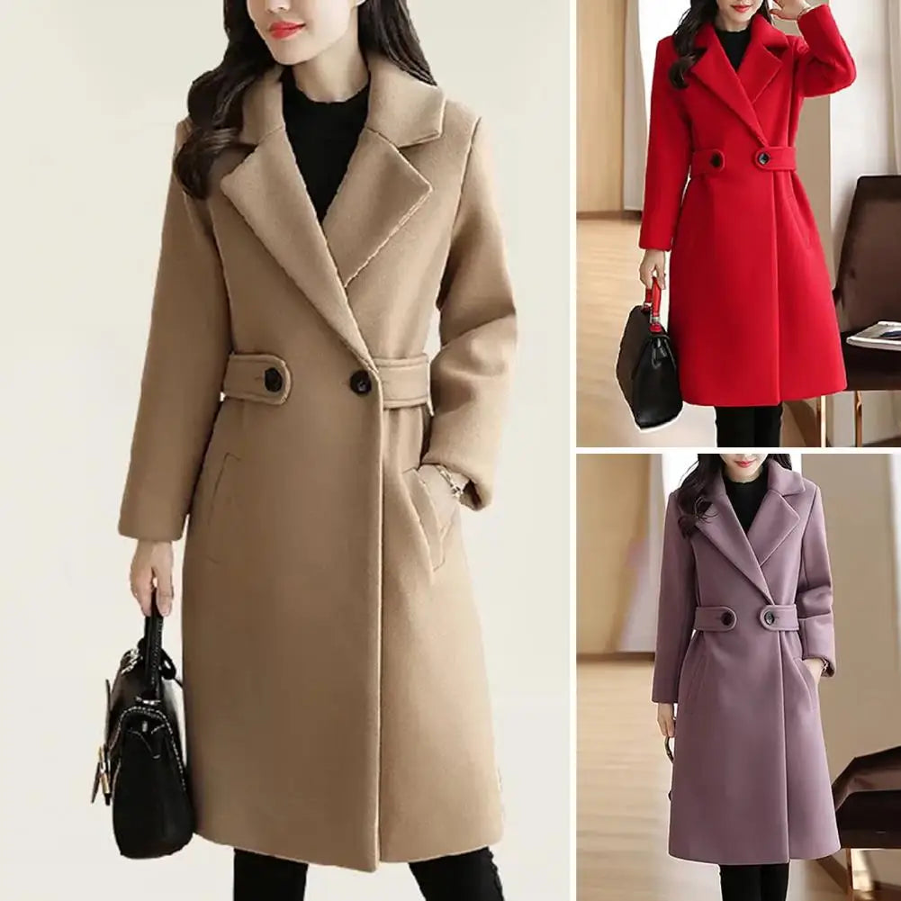 Women Overcoat Stylish Mid-length Women's Overcoat with Turn-down Collar Belted Button Closure Loose Fit for Fall Winter Winter