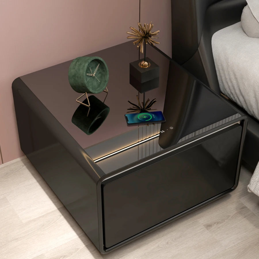 Smart Side Table,Modern Side Table with Built-in Fridge,Wireless Charging, Temperature Control,USB Interface,Induction Light etc