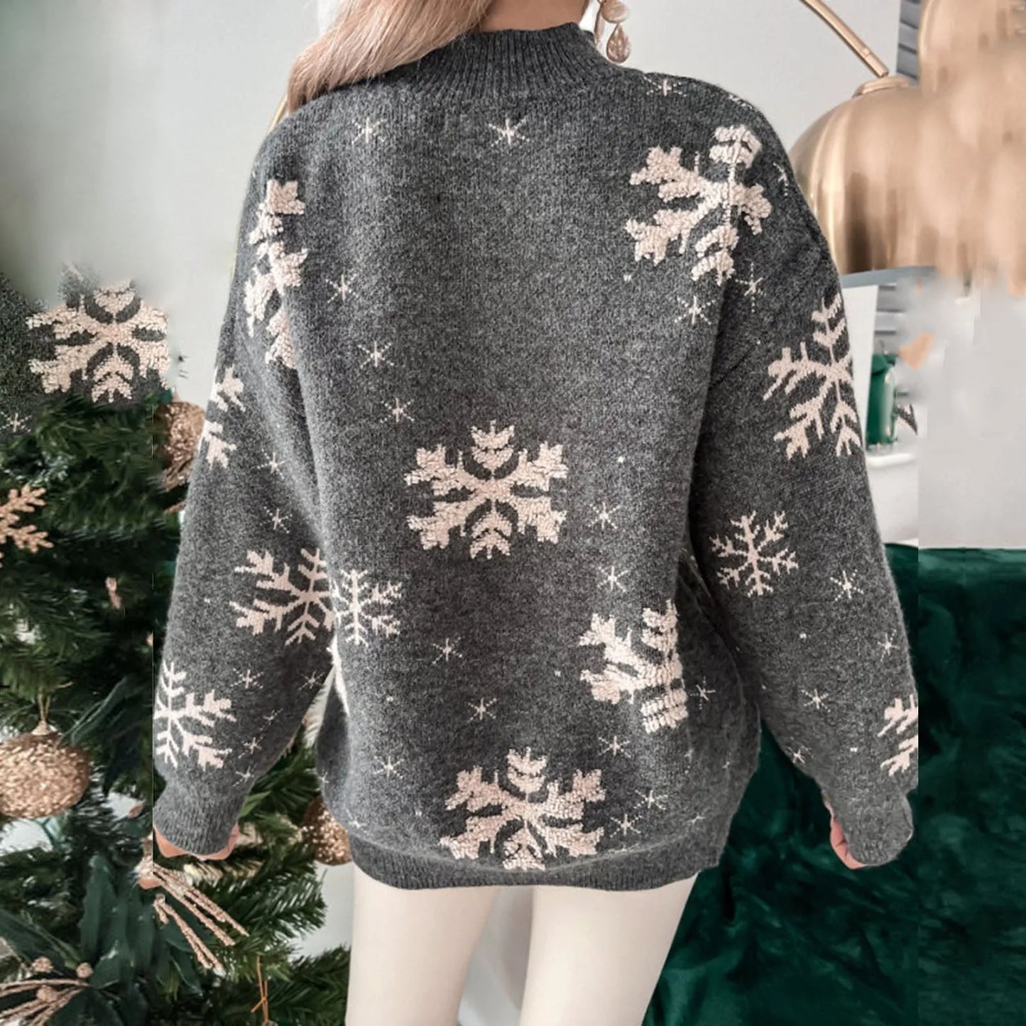 Women's Christmas Sweater Winter Snowflake Print Knitted Sweater Long Sleeve Pullover Jumpers Knitwear Loose Christmas Jumpers