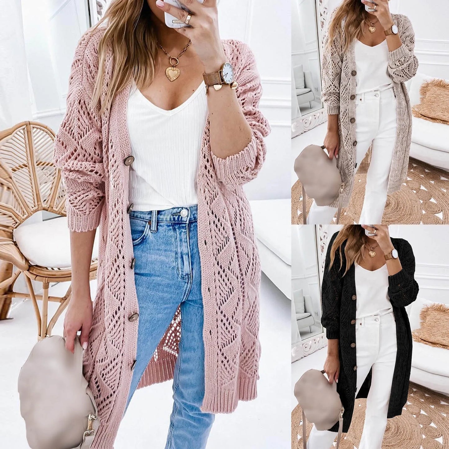 Women's Crochet Cardigan Sweaters Casual Lightweight Long Sleeve Open Front Cardigans Sweater Woman with in Cardigans