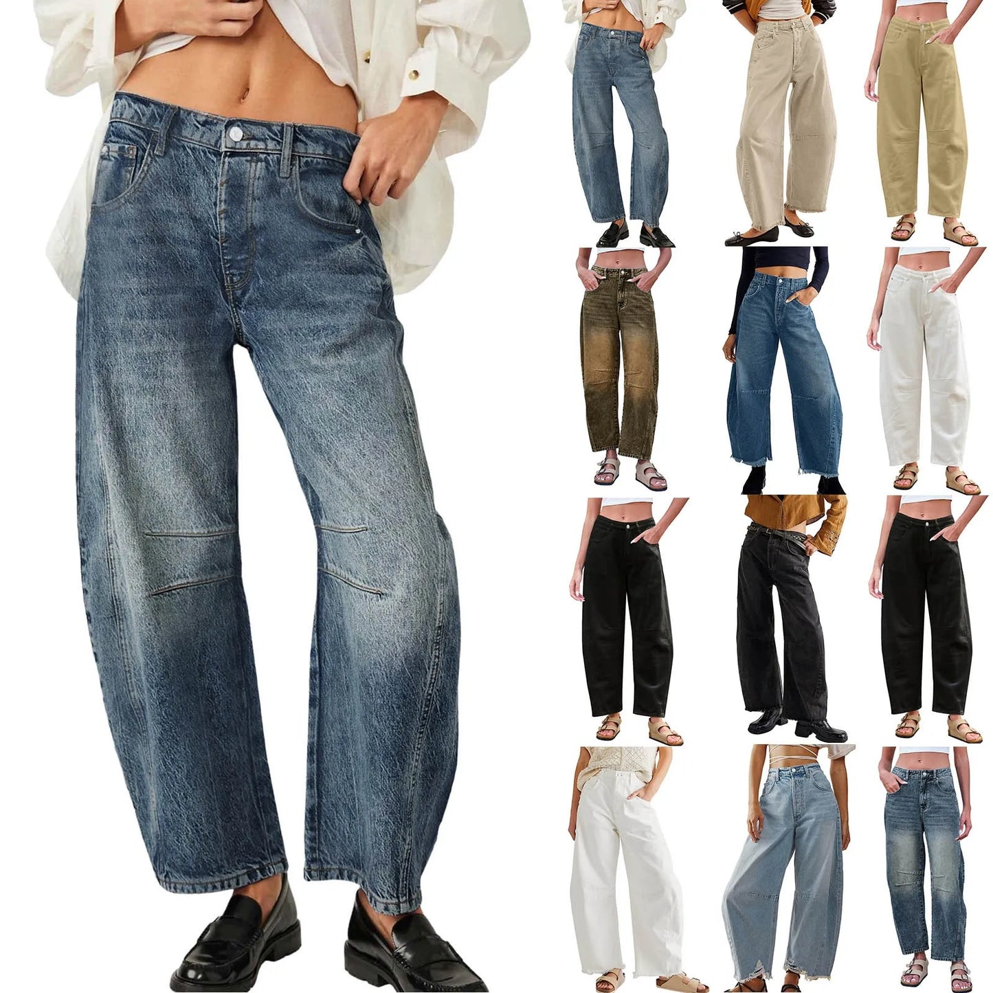 Mid Rise Barrel Jeans For Women Wide Leg Mid Waist Cropped Denim Pants Baggy Boyfriend Jeans With Womens Clothes Ropa De Mujer