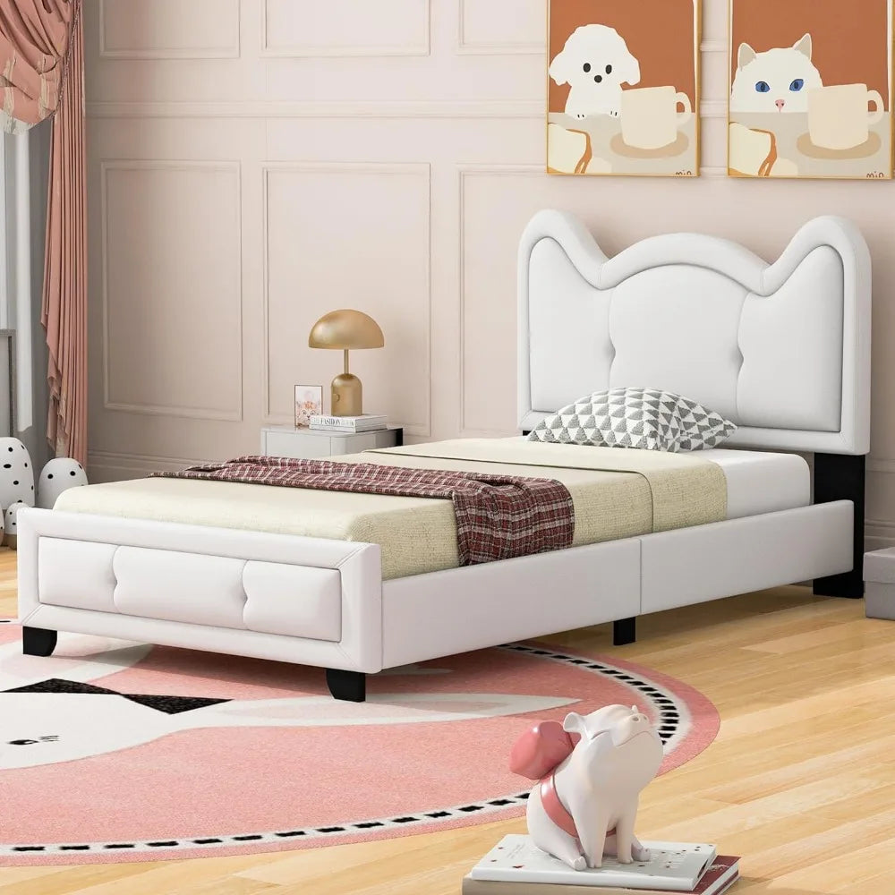 Bed frame, double size soft padded platform bed, with cardboard box ear shaped headboard, bedroom wooden platform bed frame