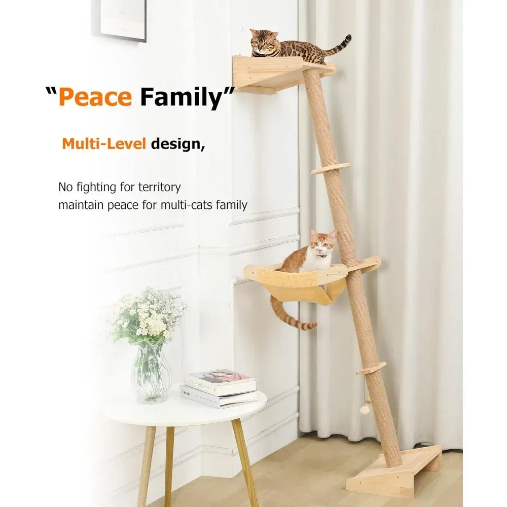 Wall Cat Tree with Hammock, 76" Tall Cat Wall Furniture Lean Against Wall Cats Climbing Tower for Active Indoor Climbers