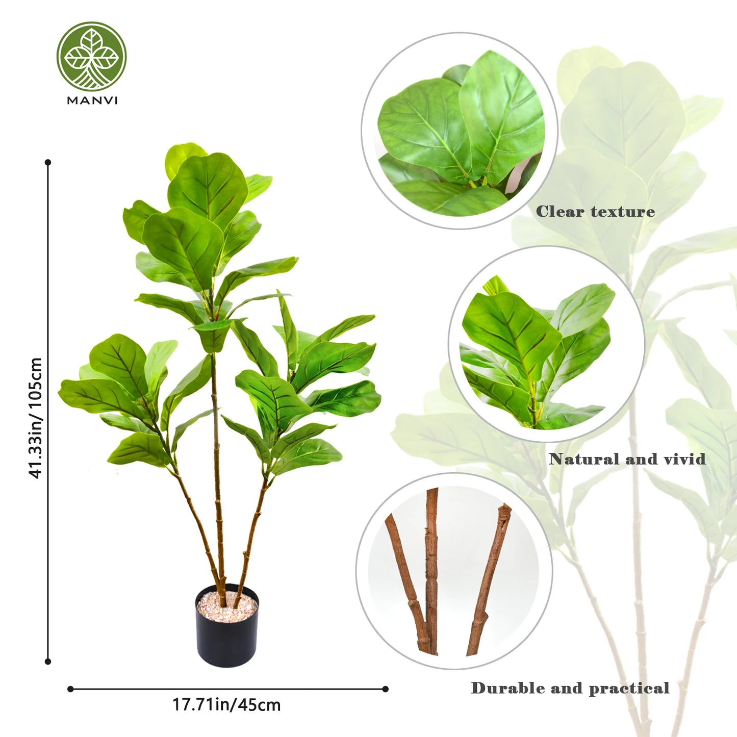 105cm (41.3in) Artificial Fiddle Leaf Ficus Fig Plant for Outdoor Courtyard Garden Balcony Indoor Home and Office Decoration