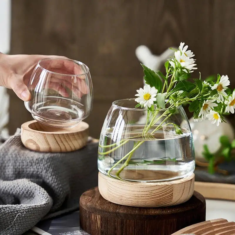 Wooden Transparent Glass Vases Creative Hydroponic Terrarium Plant Flower Pot Home Office Desktop Ecological Fish Tank Decorate