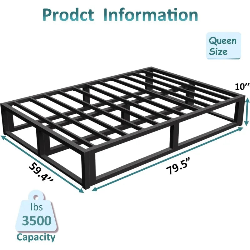 Bilily 10 Inch Queen Bed Frame with Steel Slat Support, Low Profile Queen Metal Platform Bed Frame Support Mattress Foundation