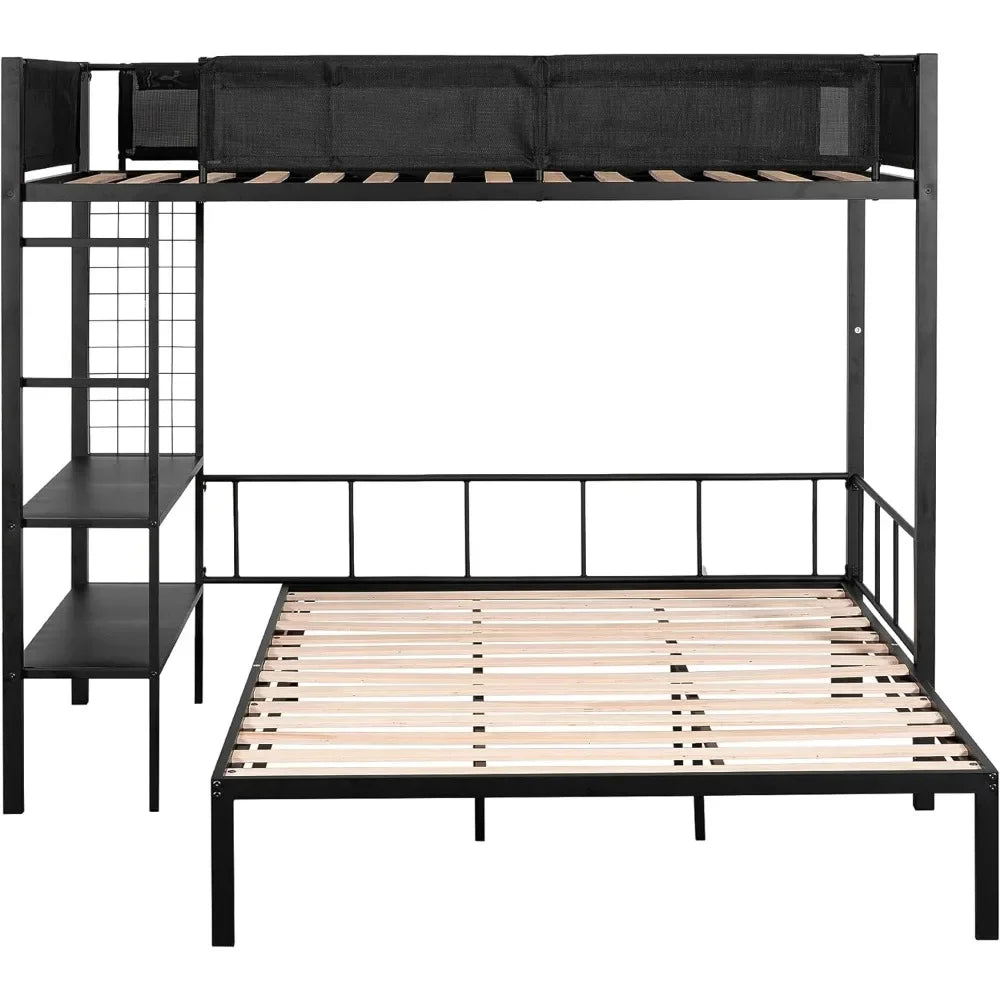 Children's bed, with frame and grid panel, L-shaped double decker bed, with full length guardrail and ladder, children's bed