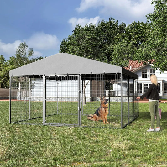 Large Outdoor Dog Kennel,Heavy Duty Dog Cage with Roof,Galvanized Steel Dog Kennel Fence with Double Safety Locks