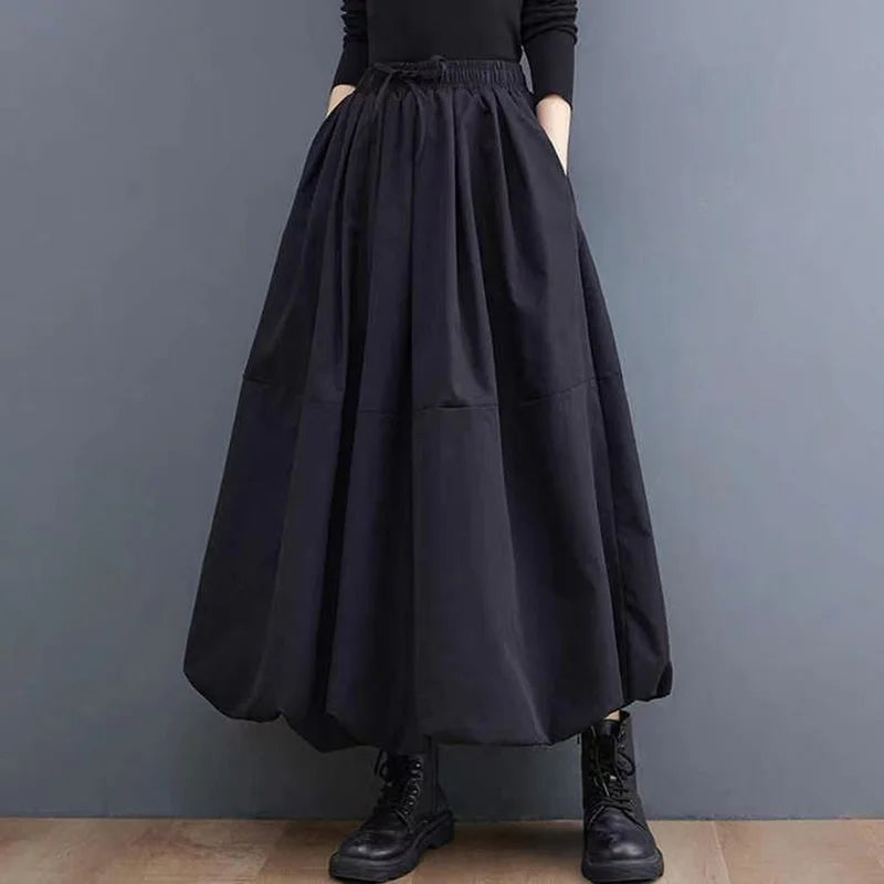 L-4XL Women's Black Long Tutu Skirt With Pockets Fashion High Waist A-Line Maxi Skirts Womens Loose Casual Pleated Skirt C419