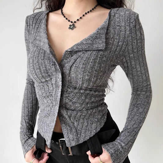 Korea Women Collar Sweater Coat Y2k Knitted Cardigan Vintage Long Sleeve Single Breasted Top Autumn Fashion Knitwear Jumper