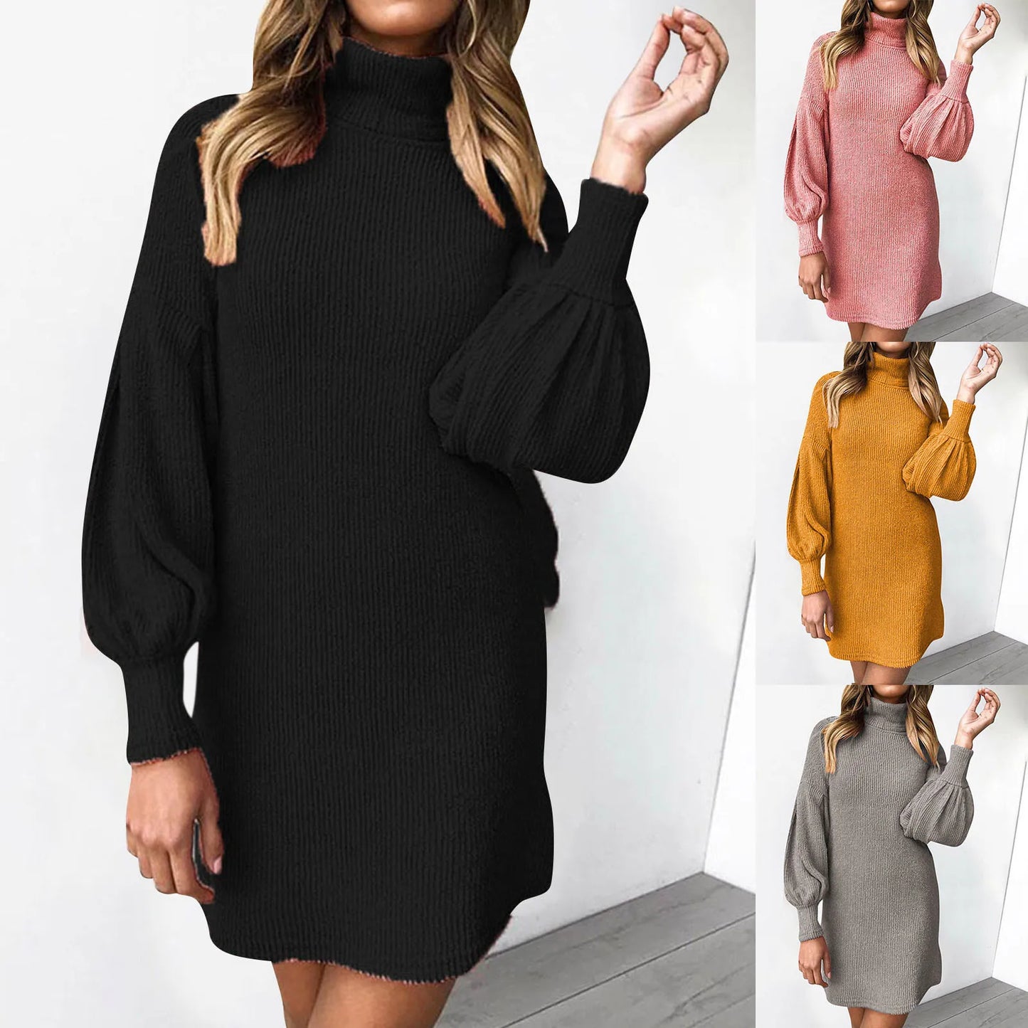 Autumn Winter Slim Sweater Dress Women's Solid Lantern Sleeve Pullover Sweater Dresses Female New Fashion Turtleneck Knitwear