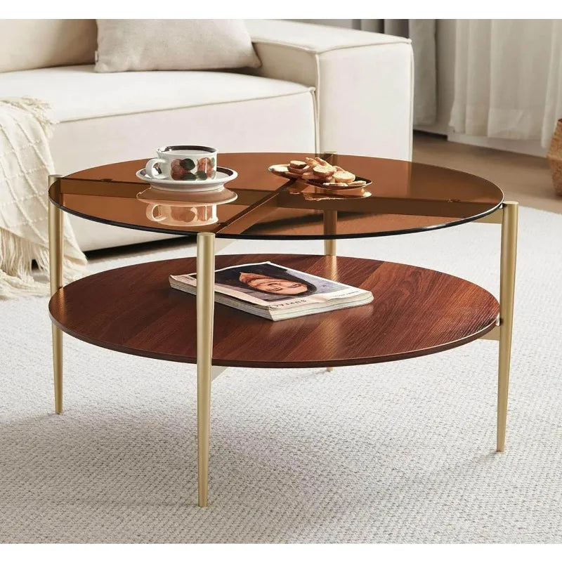 Glass Coffee Table, Clear Double Layer Glass Coffee Table for Living Room, Clear Glass & Coffee Brown Bottom Shelf