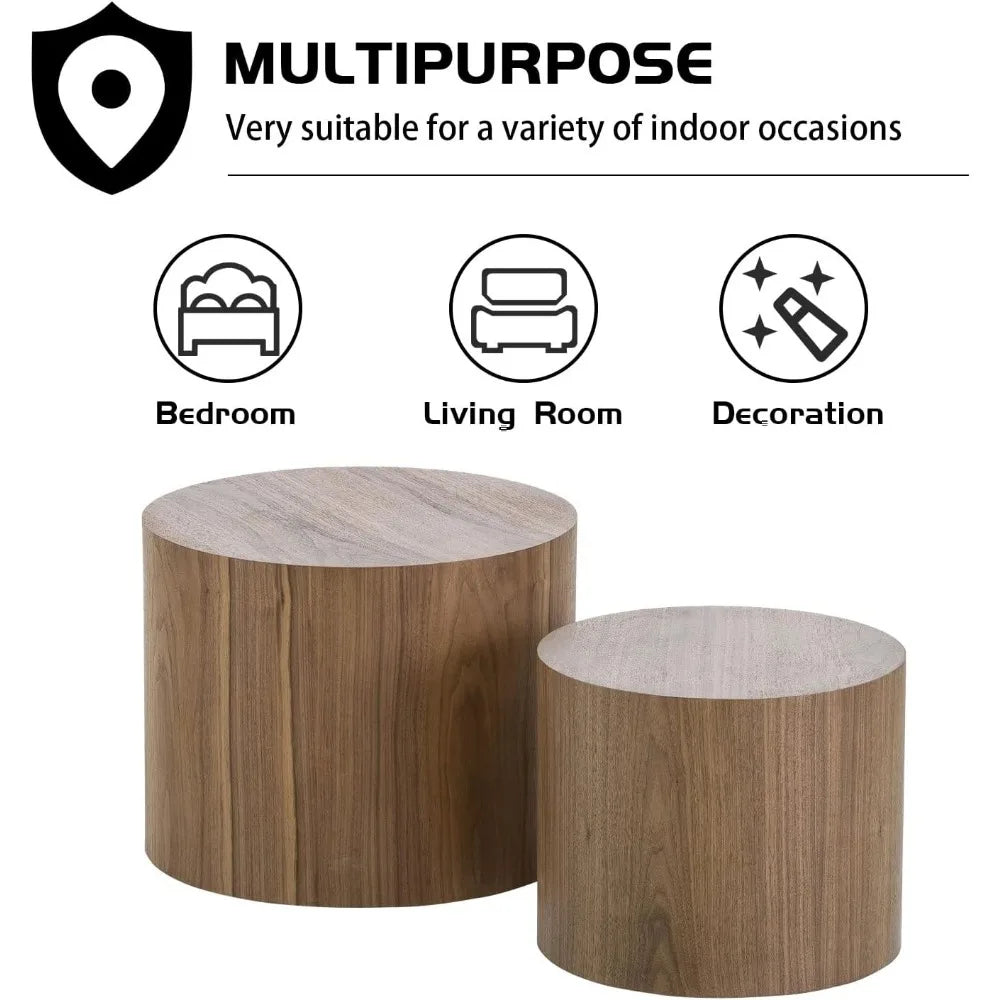 Nesting Coffee Table Set of 2, Walnut Round Wooden Coffee Tables Modern Circle Table for Small Space Living Room