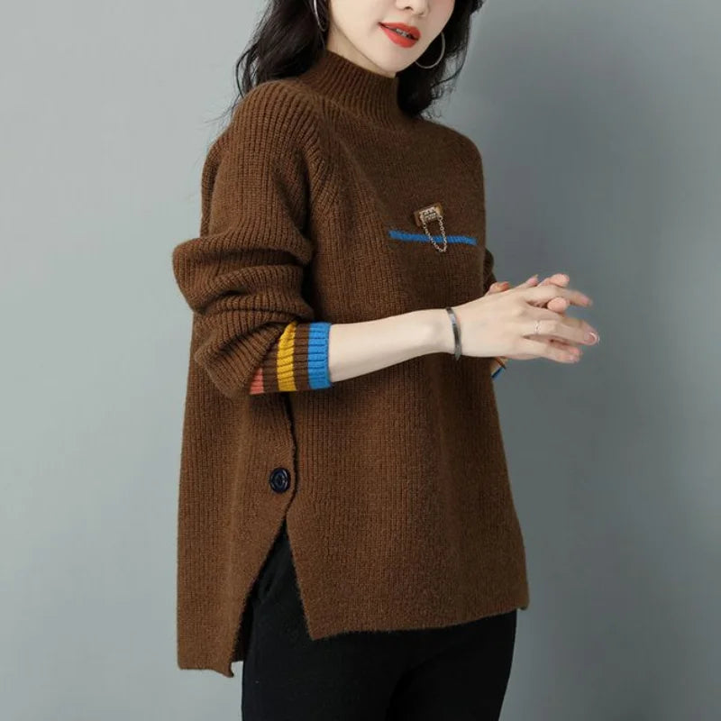 Women's Clothing Fashion Versatile 2023 Autumn and Winter New Splice Buttons Half High Collar Long Sleeved Solid Color Pullover