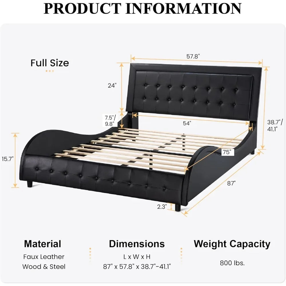 Full Size Box Tufted Platform Bed Frame/Faux Leather Upholstered Bed, With adjustable headboard/wooden slat supports/black.