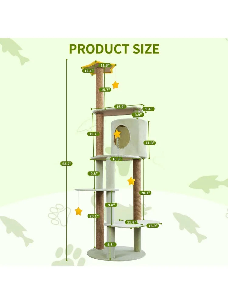 Cute Cat Tree, 63.2" Tall Cat Tower for Indoor Cats, Green Plush Cat House Condo with Scratching Posts