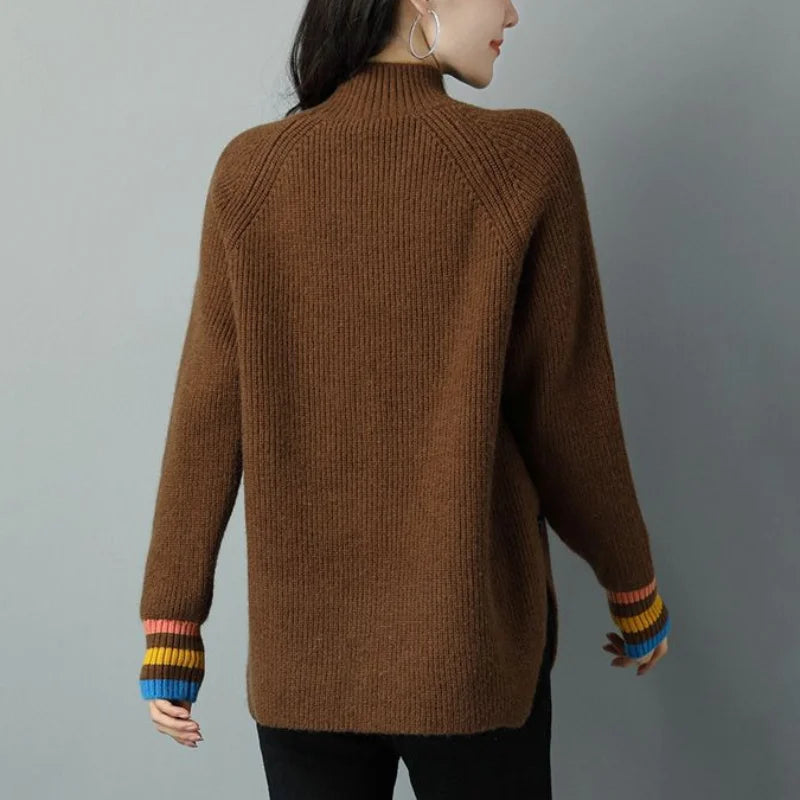 Women's Clothing Fashion Versatile 2023 Autumn and Winter New Splice Buttons Half High Collar Long Sleeved Solid Color Pullover