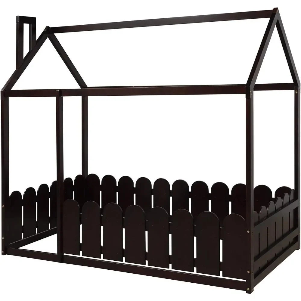 Kids Twin Size Family Bed Frame Platform Bed with Fence for Boy or Girl with Spring Box Required