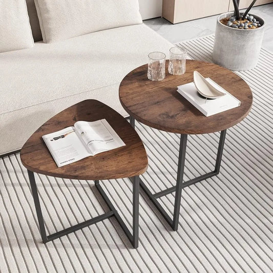 Round Coffee Table Set of 2 End Tables for Living Room,Black Small Coffee Table Living Room Table,Metal Frame & Wood