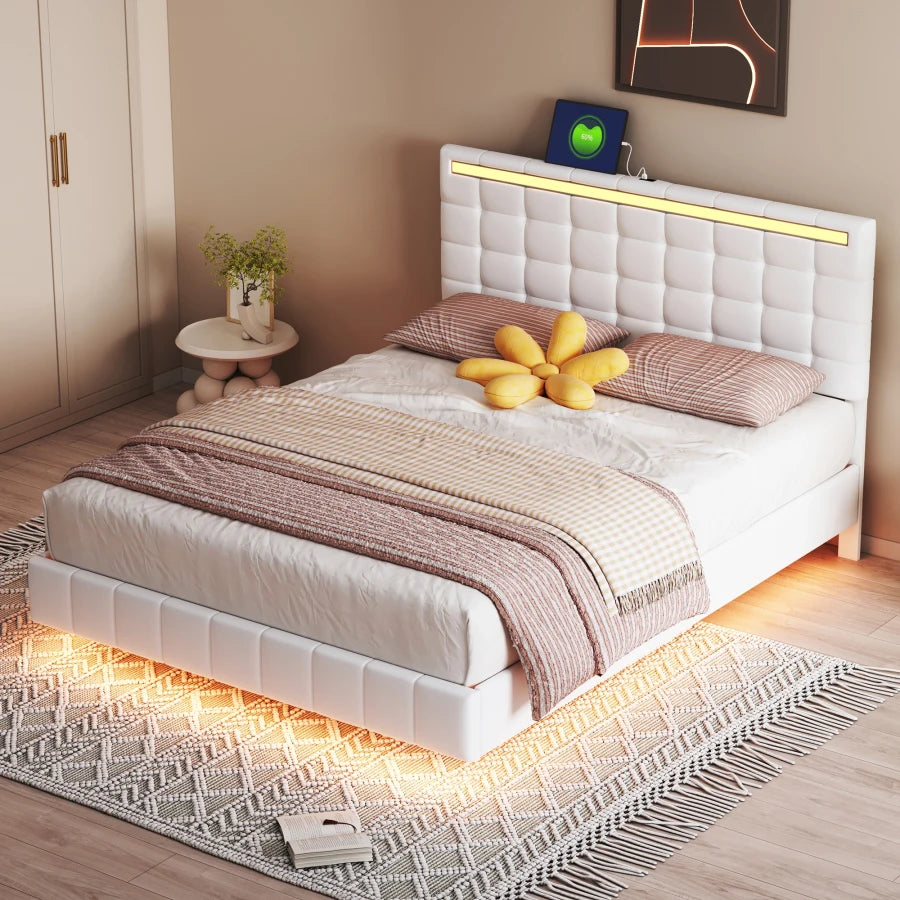 Queen Size Floating Bed Frame with LED Lights and USB Charging,Modern Upholstered Platform LED Bed Frame,White