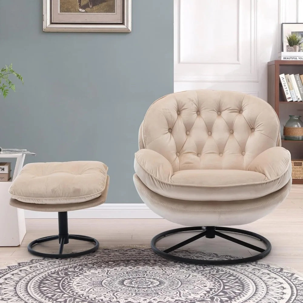 Velvet swivel accent ottoman set, comfortable armchair TV chair, modern chaise longue with ottoman with metal legs