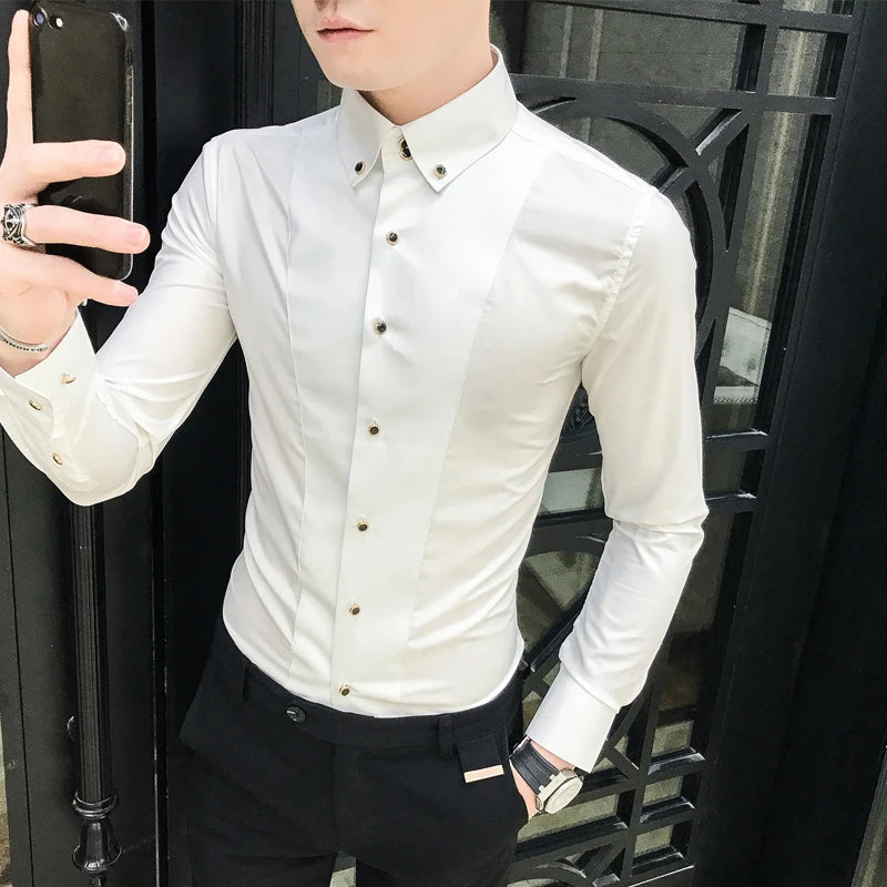 Men's Shirts Luxury Brand New Long Sleeve Elegant Shirts For Men Clothing Slim Fit Casual Mens Dress Shirts Formal Black/White