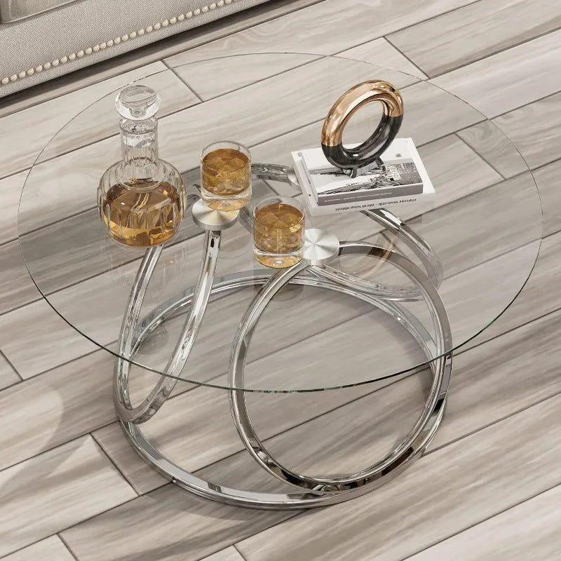 Round Coffee Table, Modern Silver Coffee Table Living Room Table with Ring-Shaped Frames, for Home&Office, Chrome Finish