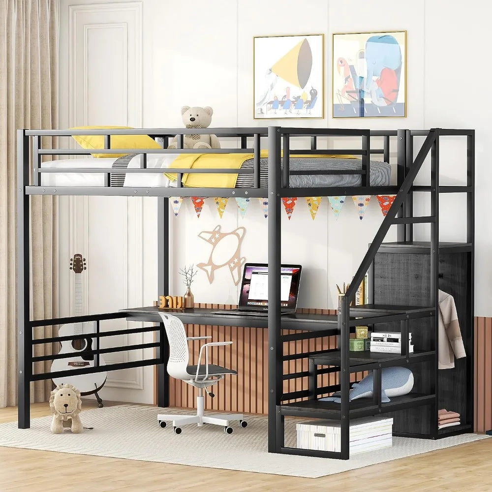 Staircase Full Size Loft Bed with Built-in Desk & Wardrobe,Sturdy Bedframe w/Storage & Safety Guardrail