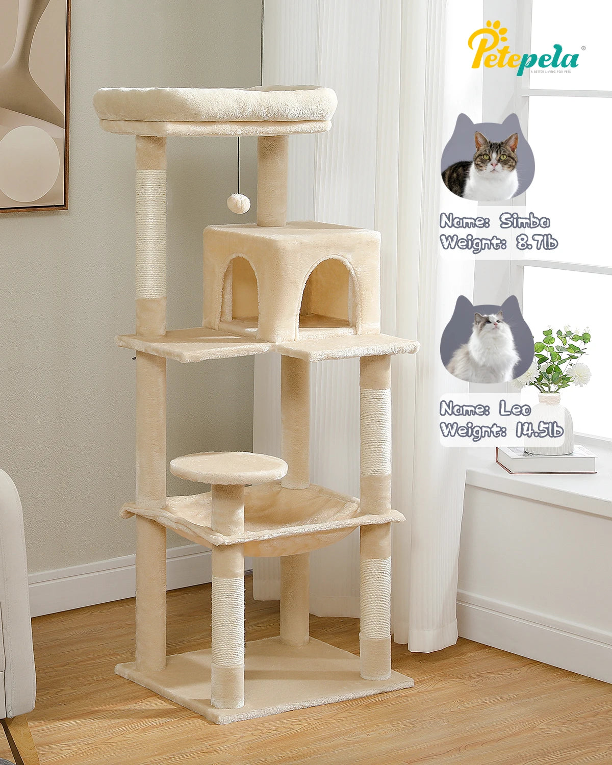 5-Level Cat Tree for Indoor Cats Cat Tower for Large Cats with Large Hammock Sisal Covered Scratching Posts Cozy Condo Top Perch