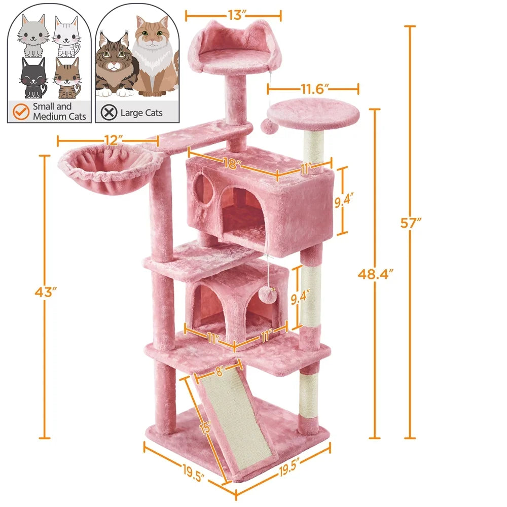 2023 SMILE MART 57''H Multilevel Cat Tree Condo Tower with 2 Condos & Fur Ball & Round Platform & Ladder, Pink