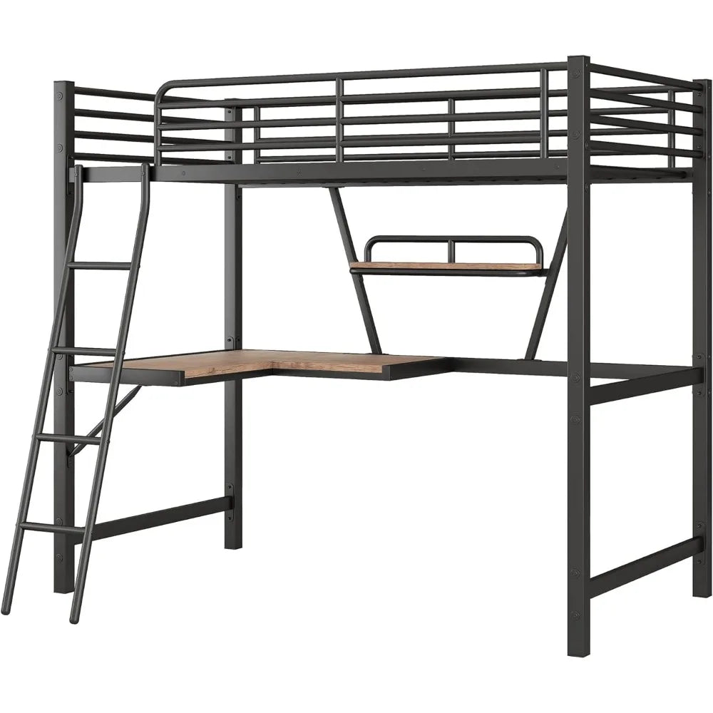 Bed frame with table and frame, steel bed frame, ladder and safety railing, noise free, no need for spring box, double metal bed