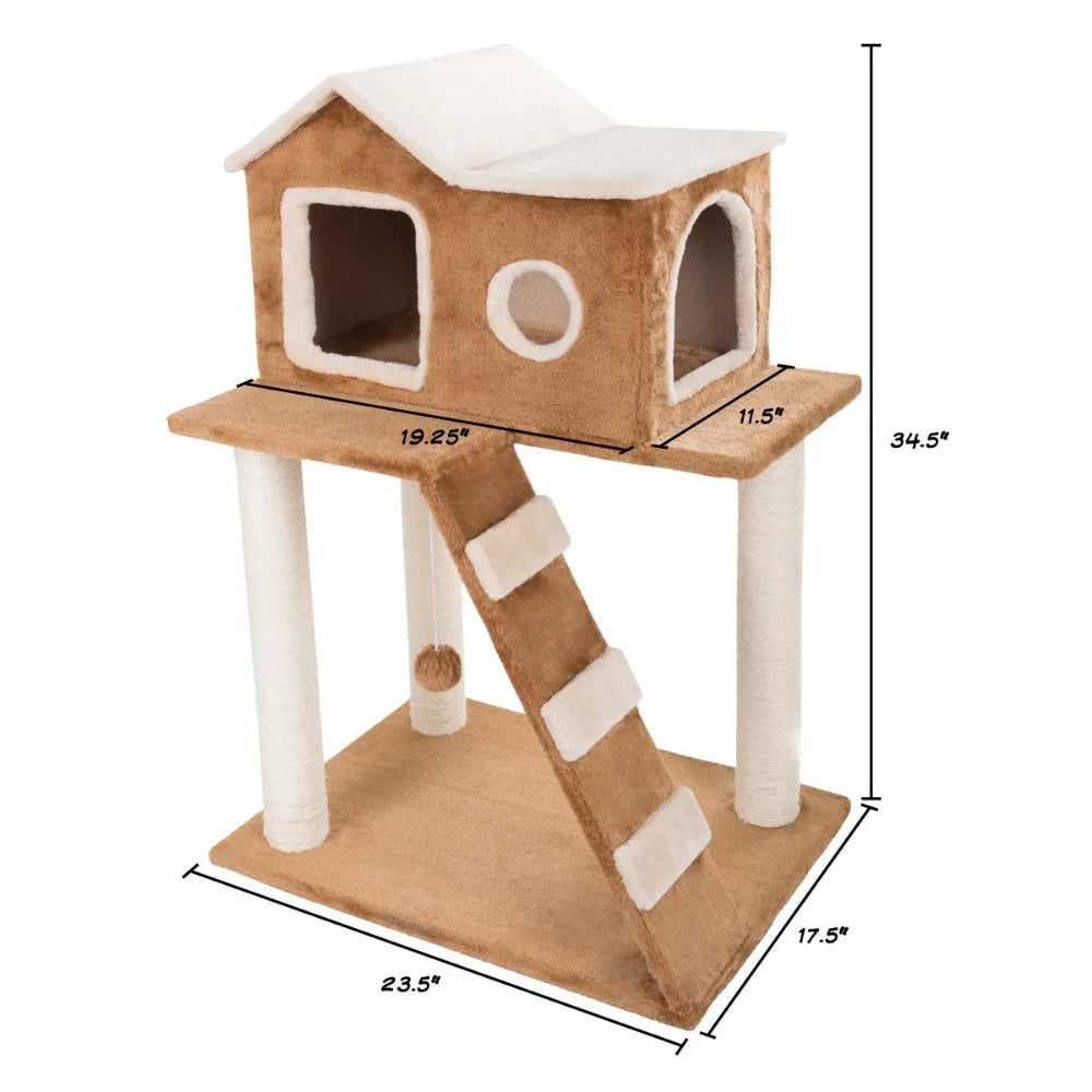 Cat Tree- Plush Multilevel Cat Tower with Scratching Posts Climbing Ladder Cat Condo and Hanging Toy for Cats and Kittens