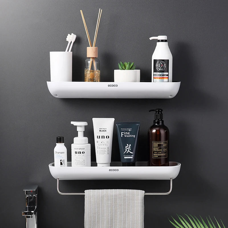 ECOCO Bathroom Storage Rack Shower Shelf Punch Drill Free Adhesive Cosmetic Organizer On Wall Towel Hanger Kitchen Organizer