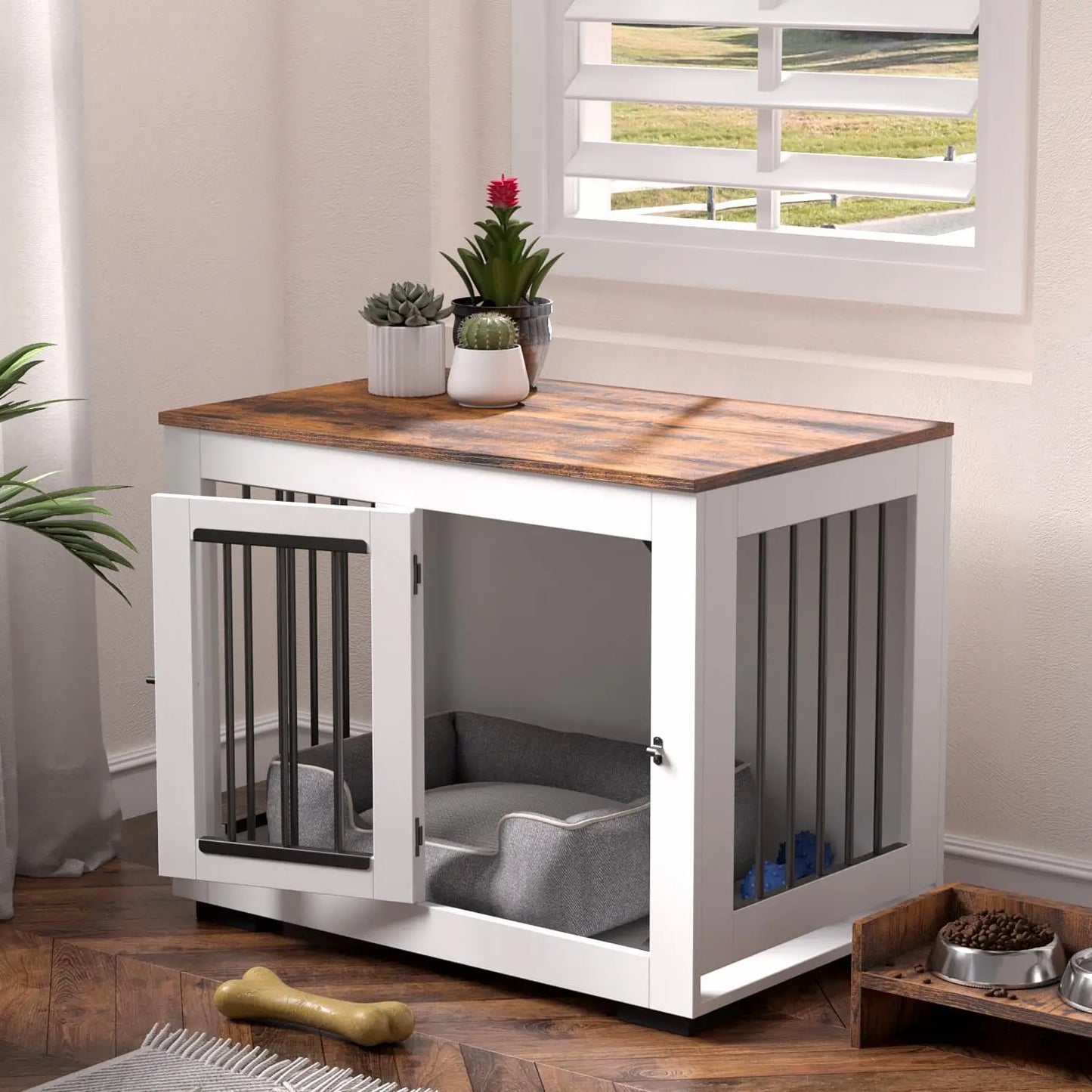 White Dog Crate Furniture for Medium Dogs Up to 40 lbs. - Decorative Puppy Kennel w/Wide Farmhouse Table Top & Steel Bar