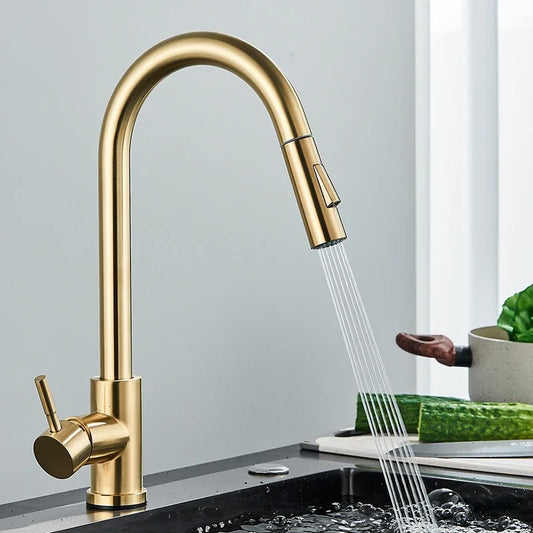 Gold Kitchen Faucet Pull Out Kitchen Sink Water Tap Single Handle Mixer Tap 360 Rotation Kitchen Shower Faucet