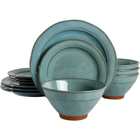 Gibson Elite Terranea Round Reactive Glaze Terra Cotta Dinnerware Set Service for Four (12pcs) Teal Dinner Plate Set