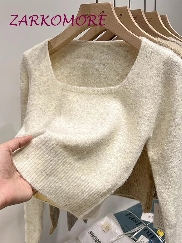 Soft Knit Women'S Pullover Sweater Long Sleeve Square Neck Short Lady Solid Knitwears 2024 Spring Chic Casual Knitted Jumpers